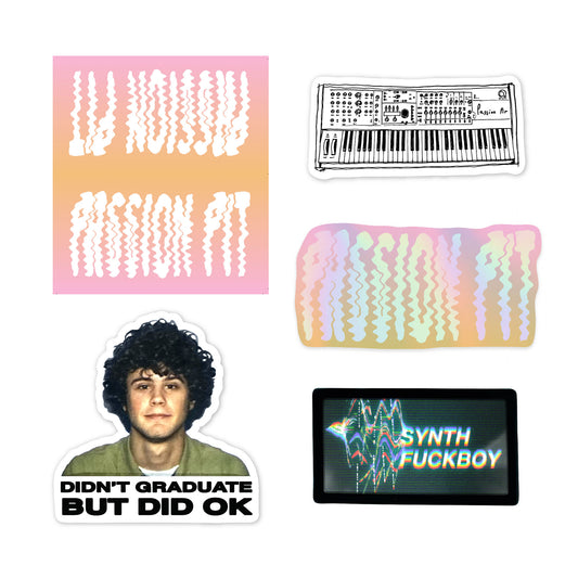 Collection of stickers with text and graphics on a white background