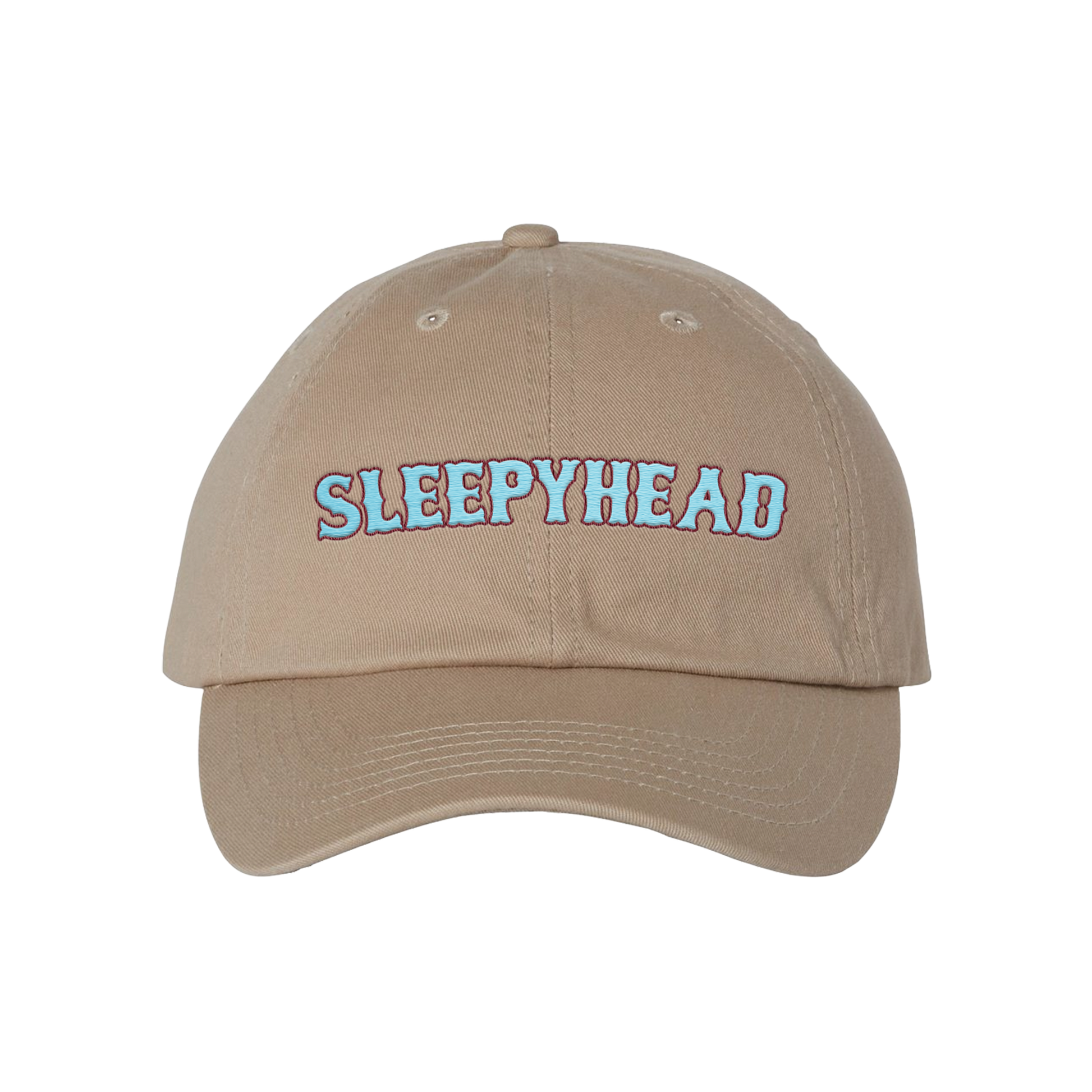 Beige cap with 'SLEEPYHEAD' text on a white background