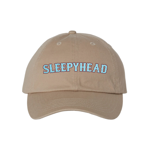 Beige cap with 'SLEEPYHEAD' text on a white background